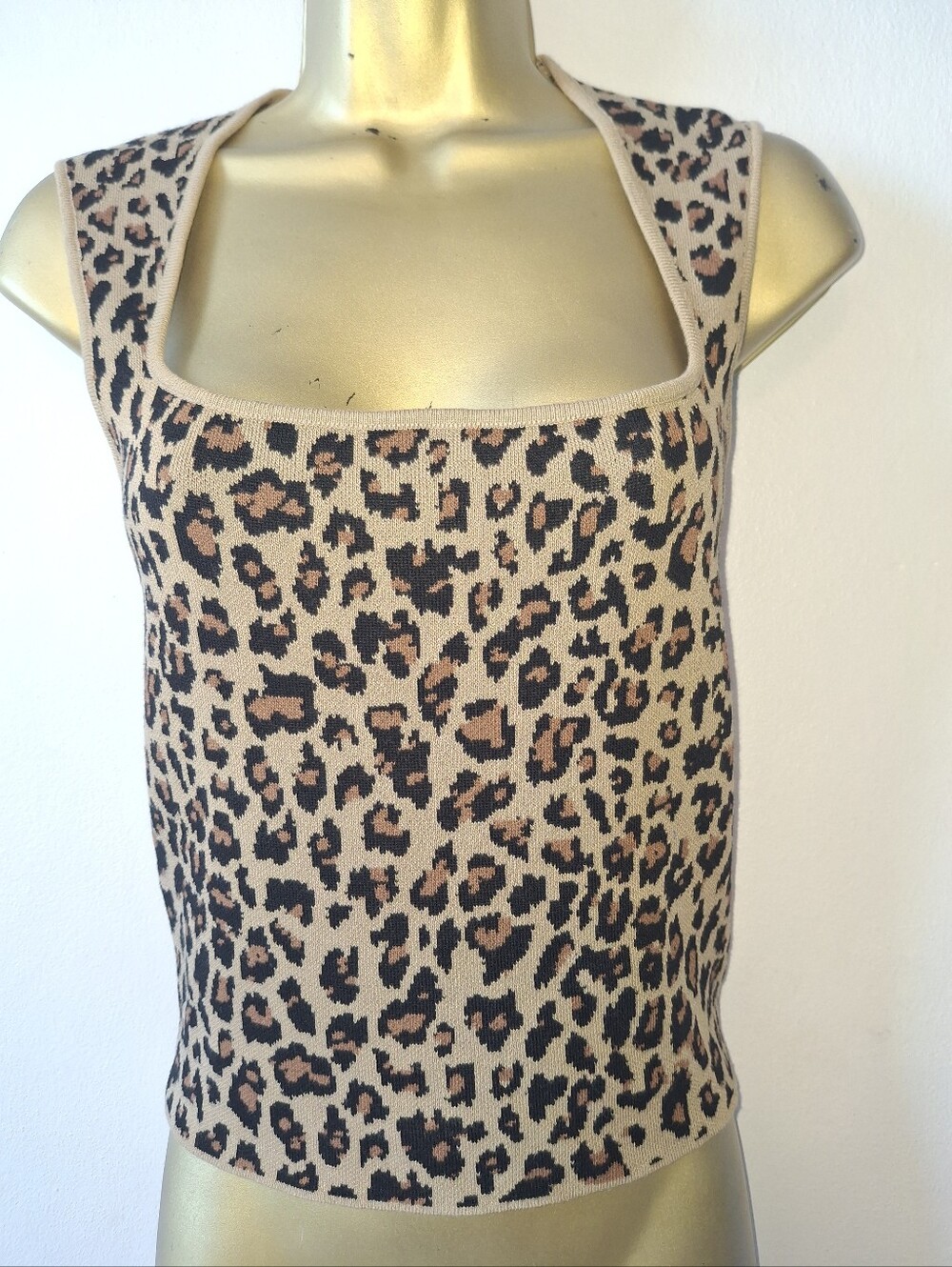 Leopard Print Square Neck Tank Top - Beige/Black